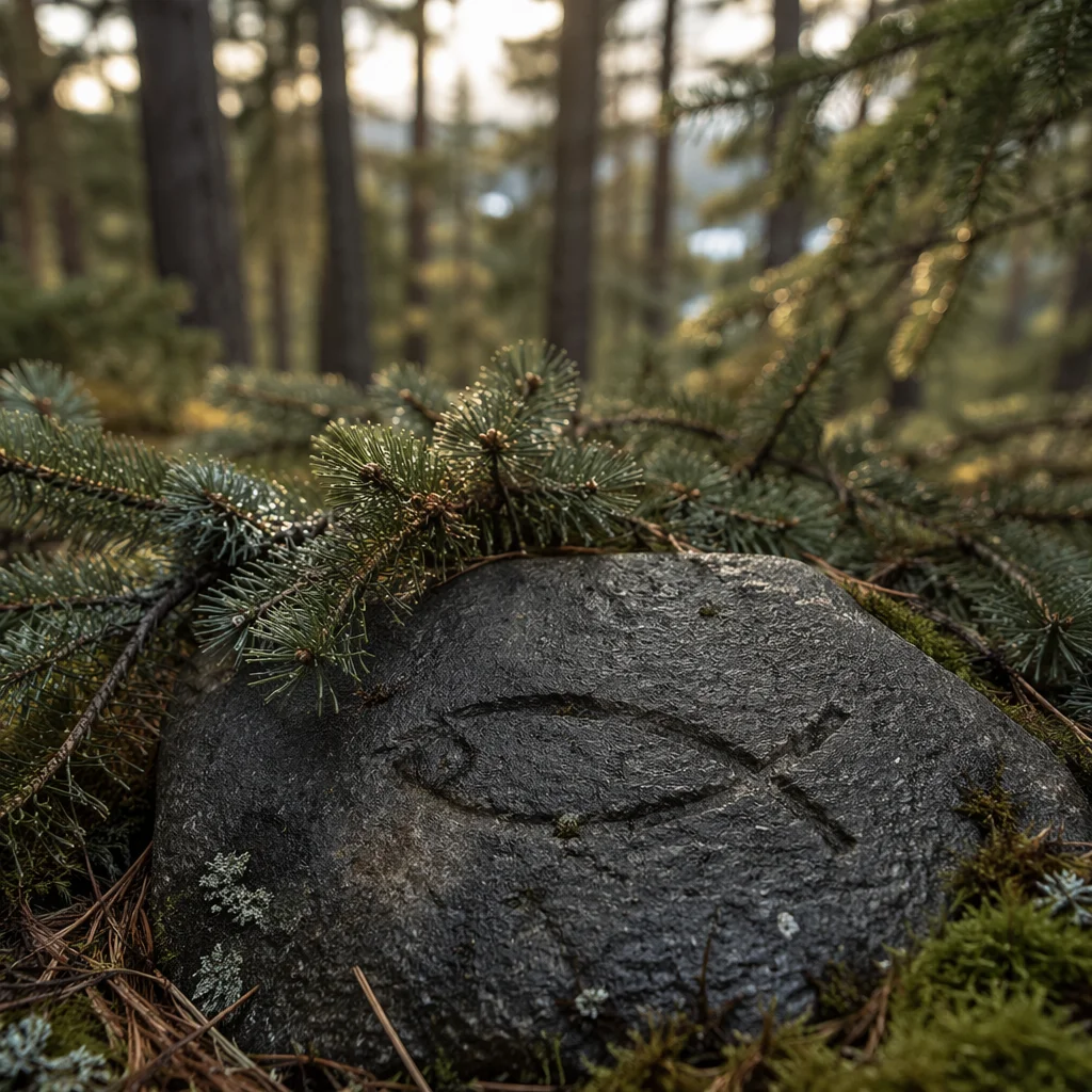 Ancient Ichthys Carving on Evergreen Forest Stone