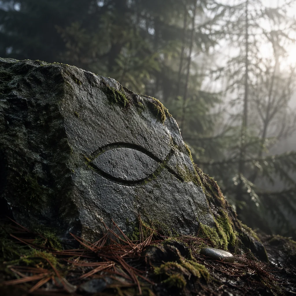 Ancient Ichthys Carving in Evergreen Mist