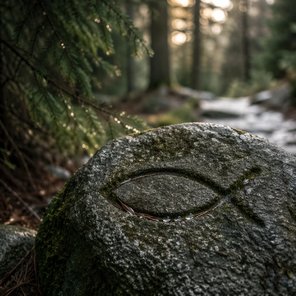 Ancient Ichthys Carving on Mossy Stone