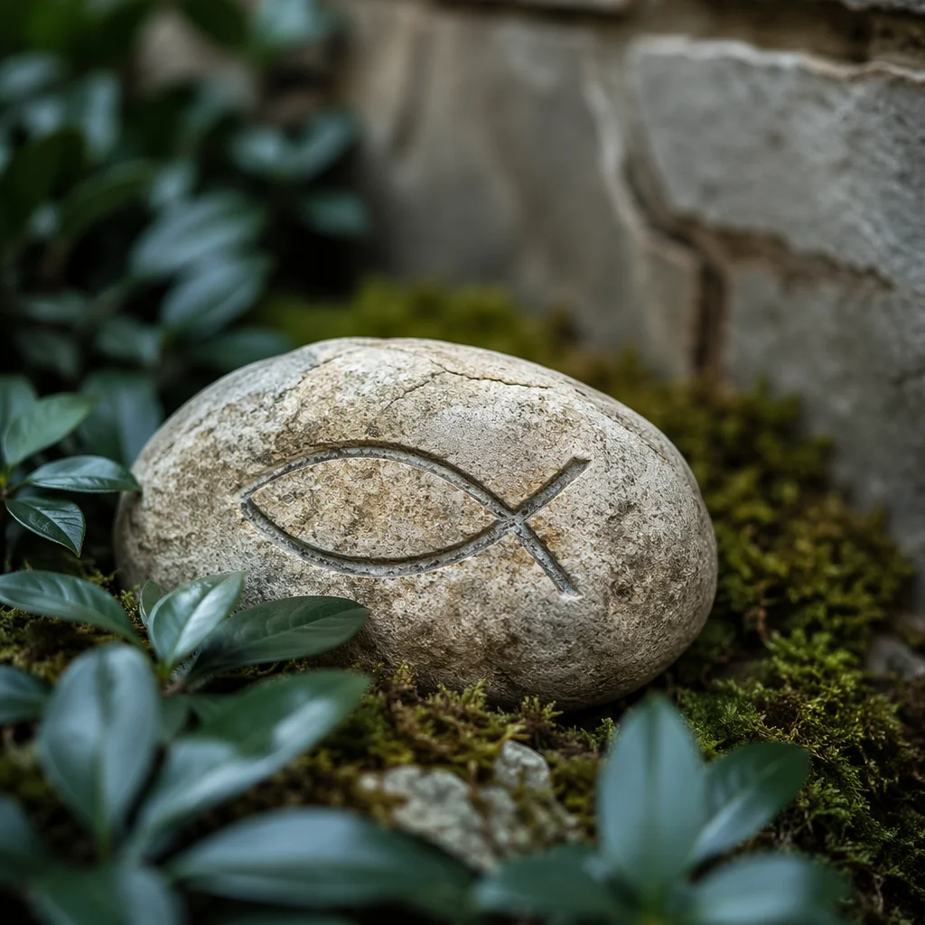 Ichthys Carving on Weathered Garden Stone