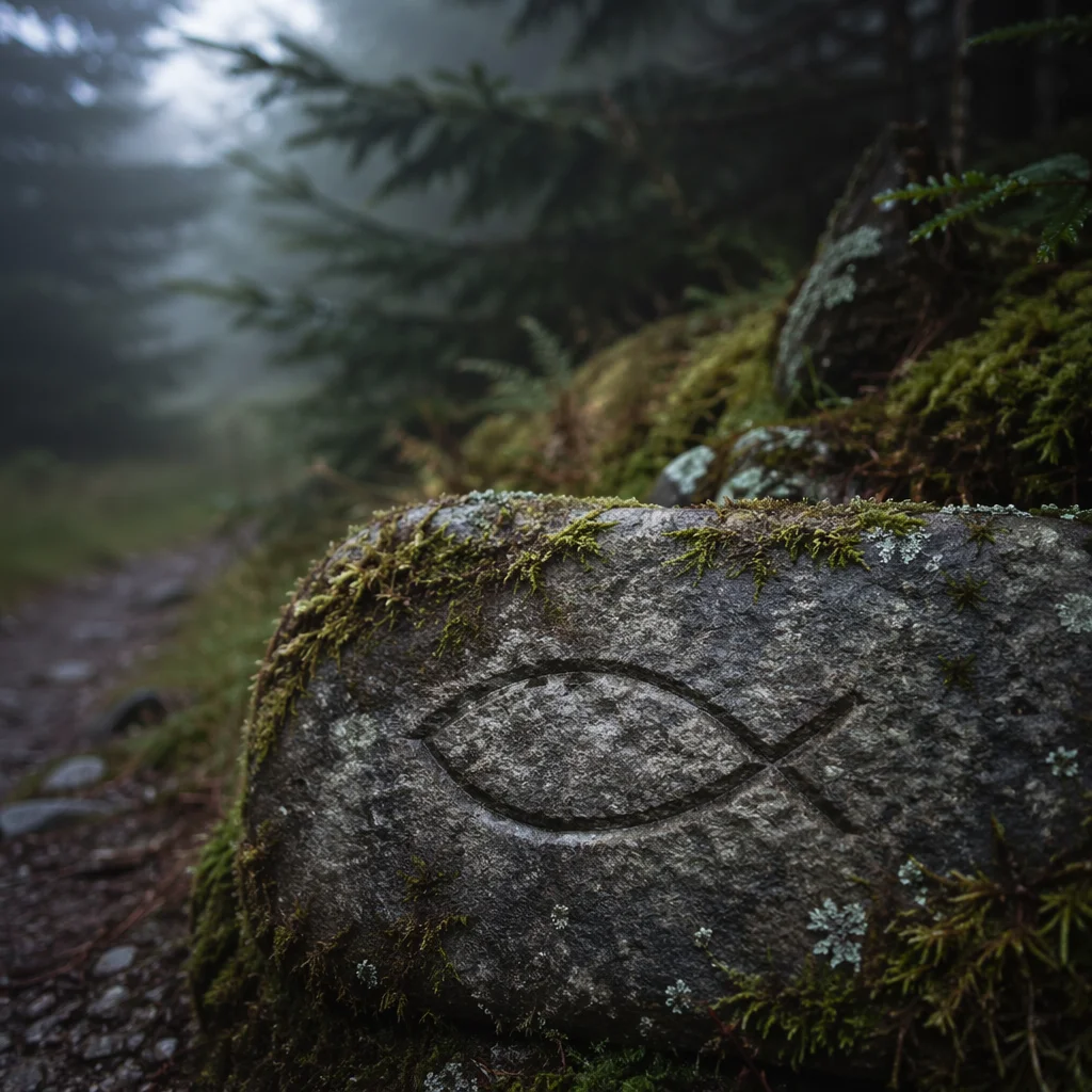 Weathered Ichthys Stone in Evergreen Woodland
