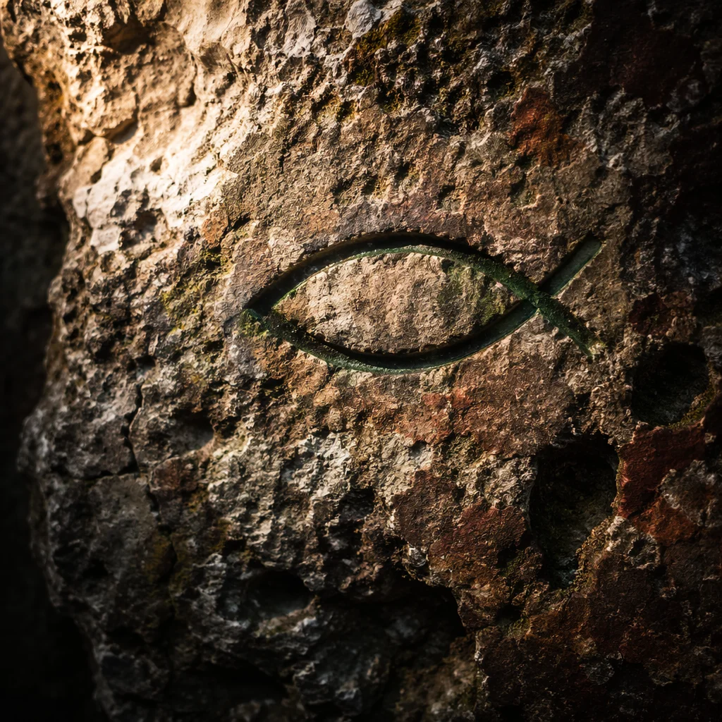 Ancient Ichthys Fish Symbol in Stone