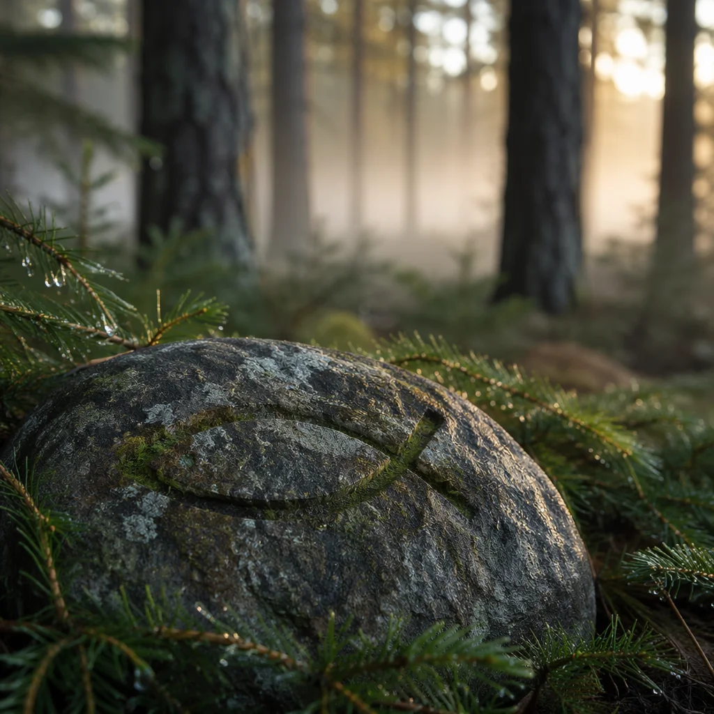 Weathered Stone Ichthys Among Evergreen Branches