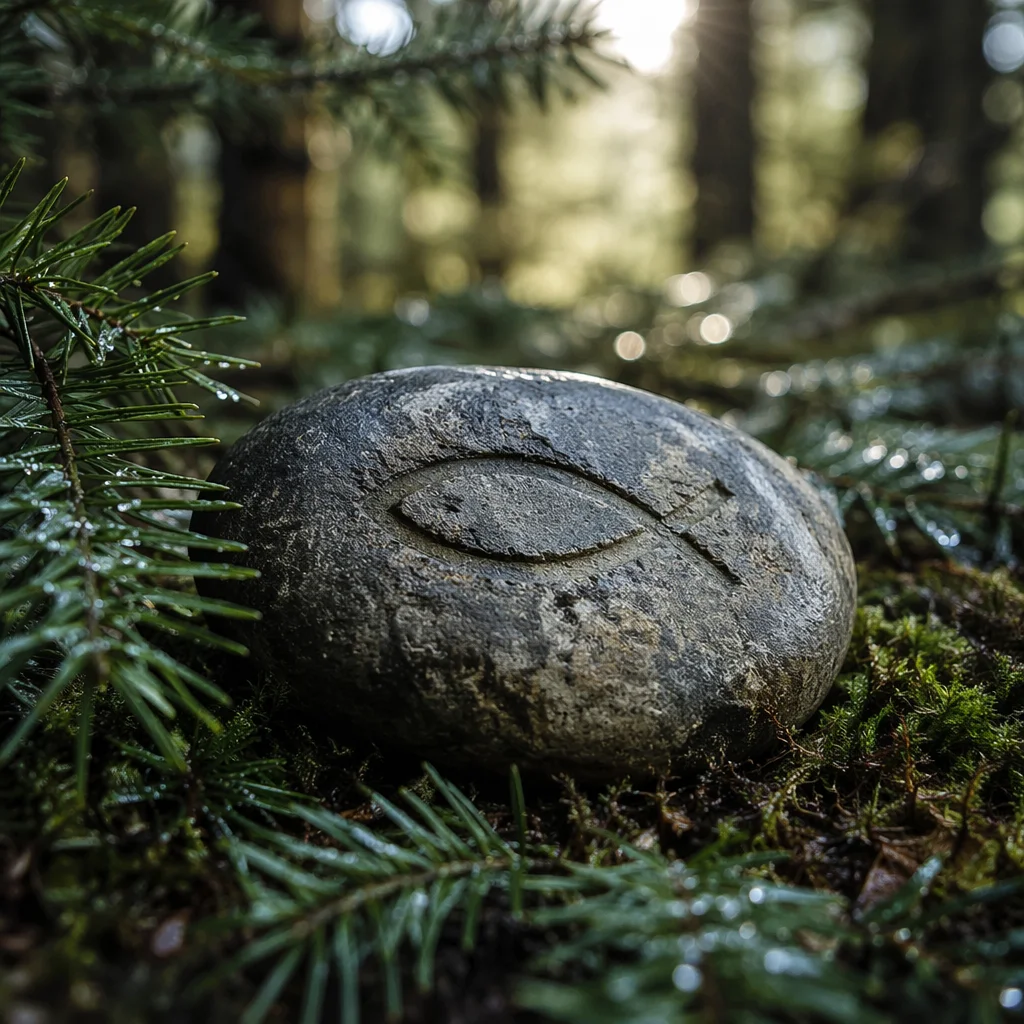 Carved Ichthys Stone on Evergreen Forest Floor