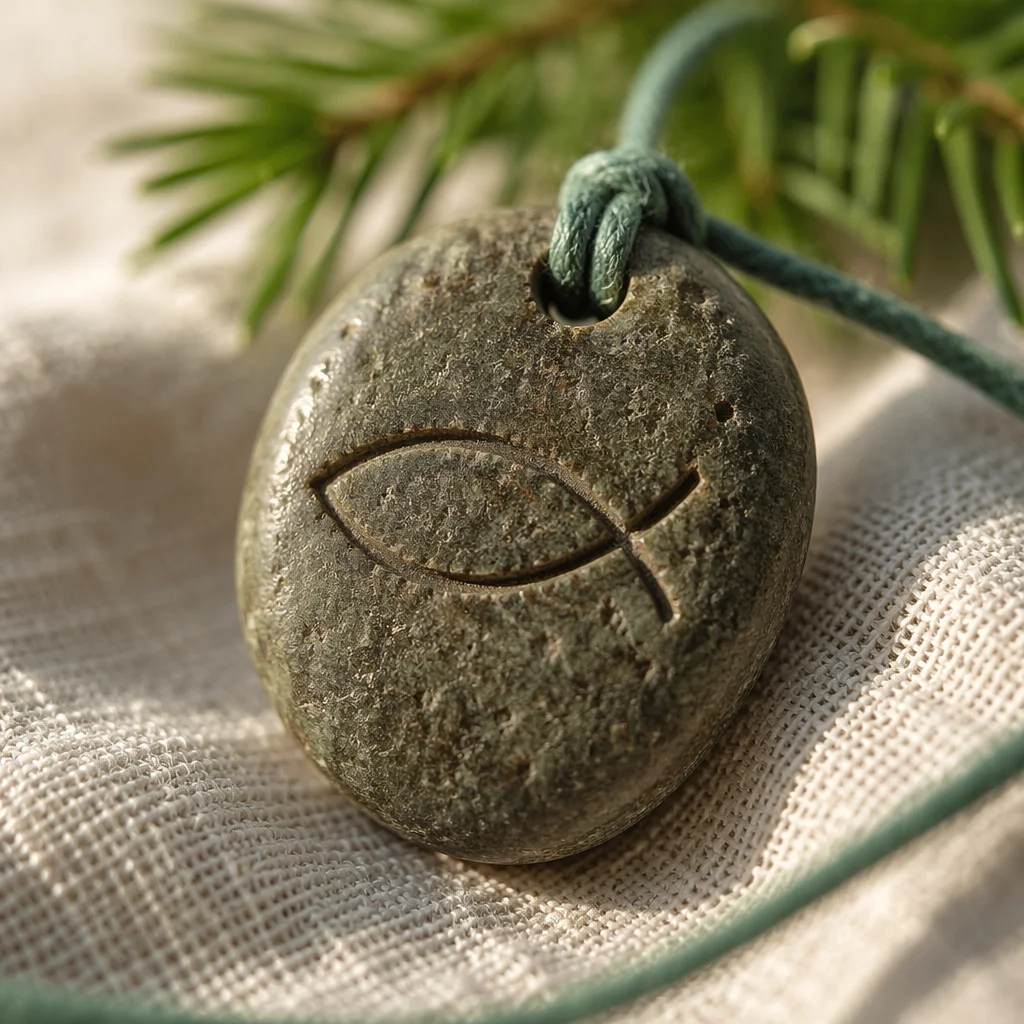 Carved Ichthys Stone Pendant on Linen