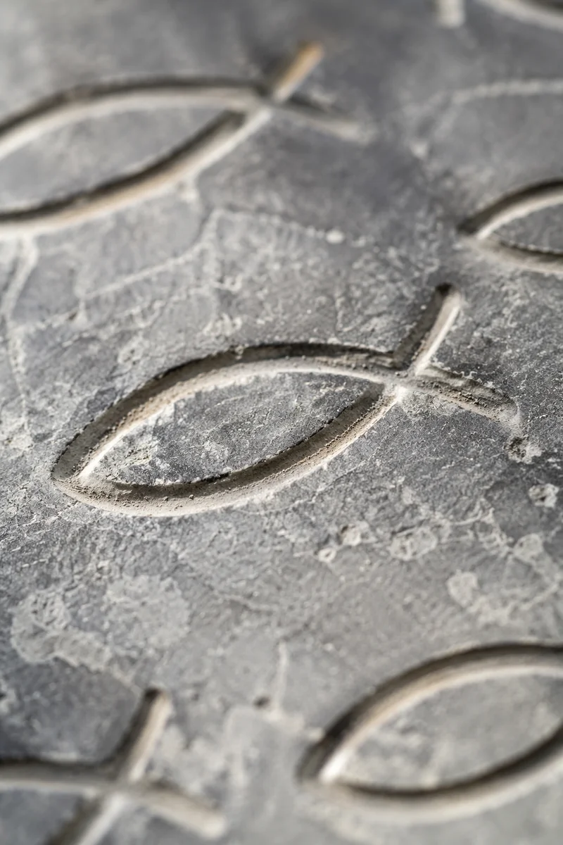 Weathered Stone Ichthys Carvings in Macro
