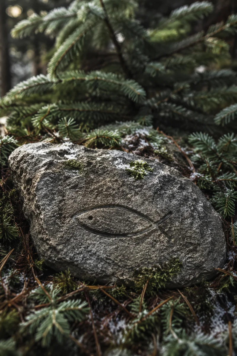 Ancient Ichthys Carving on Evergreen Forest Stone