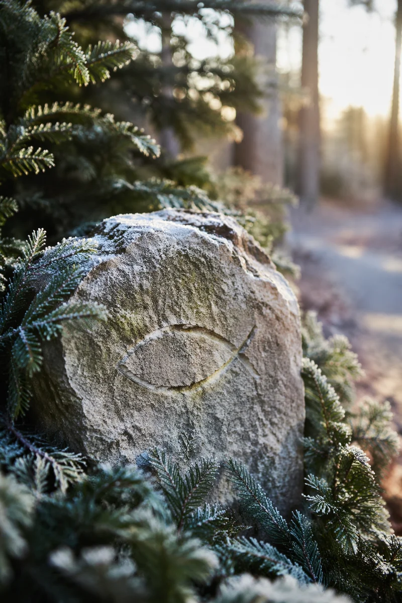 Carved Ichthys Stone on Evergreen Prayer Path