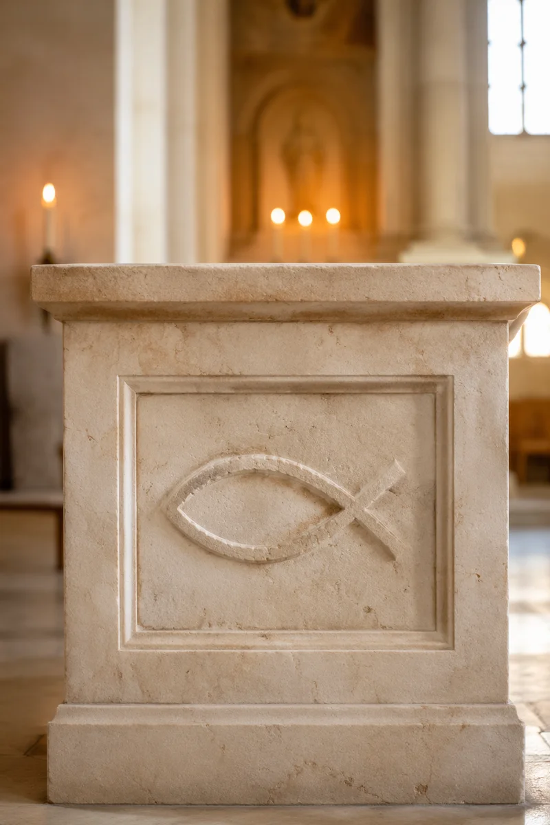 Ancient Ichthys Carving on Chapel Altar