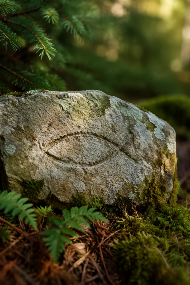 Ancient Ichthys Carving on Evergreen Forest Stone
