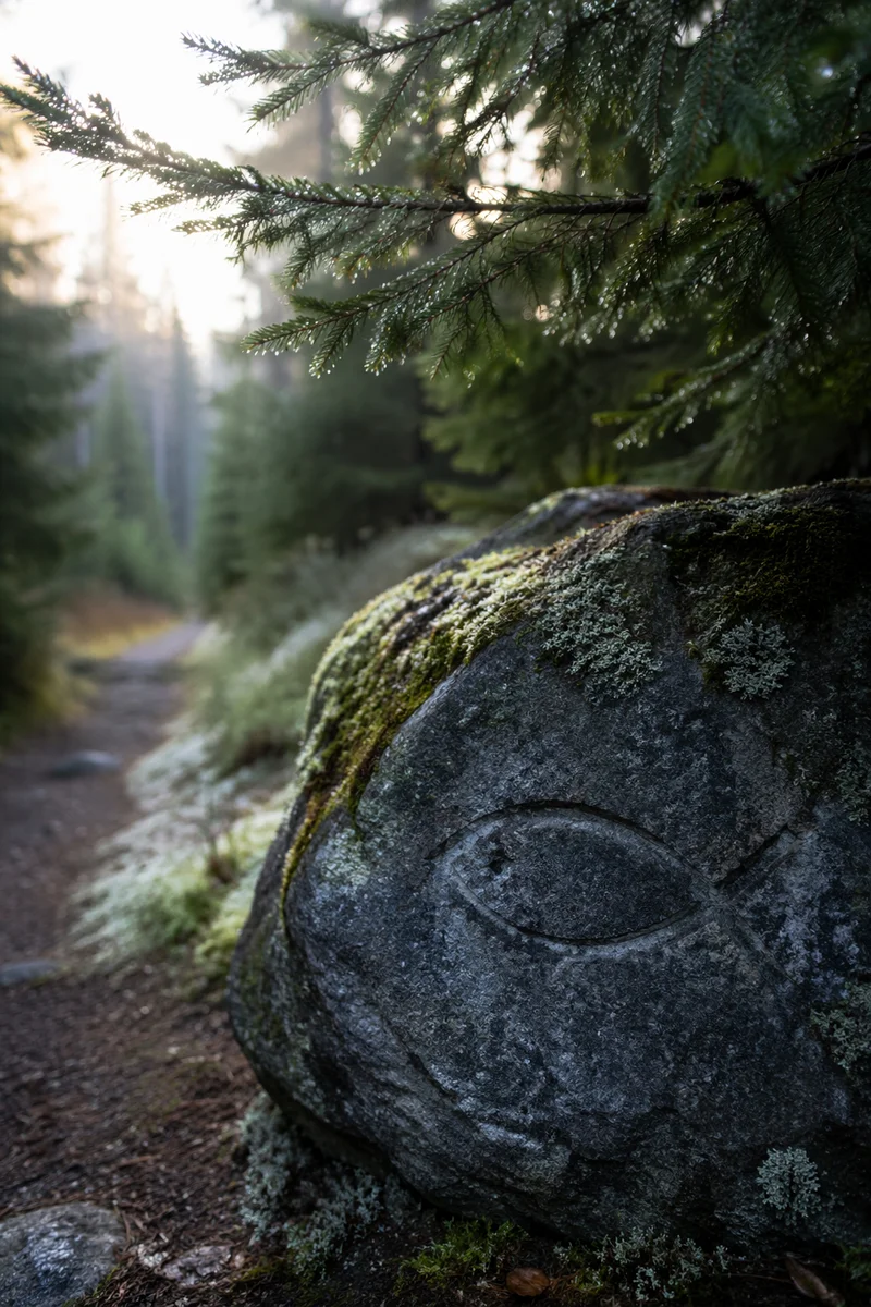 Ancient Ichthys Carving on Mossy Stone