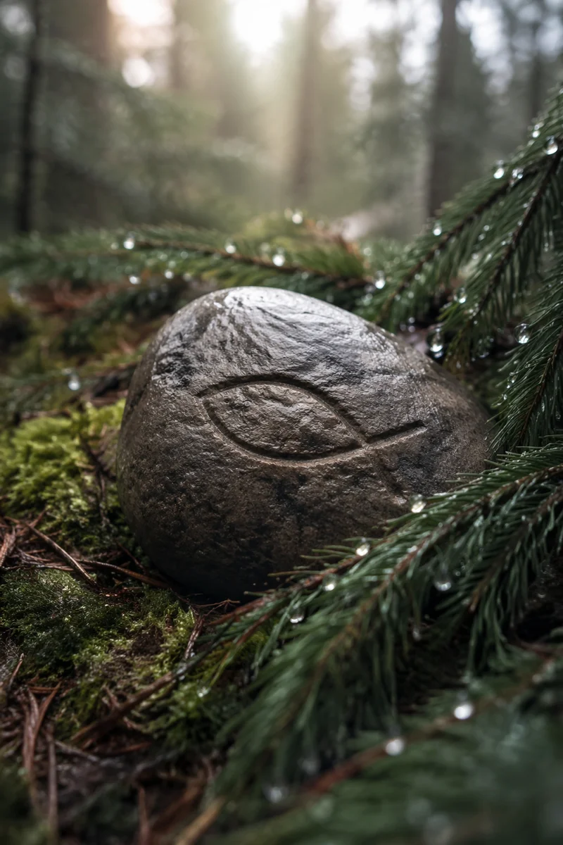 Carved Ichthys Stone on Evergreen Forest Floor