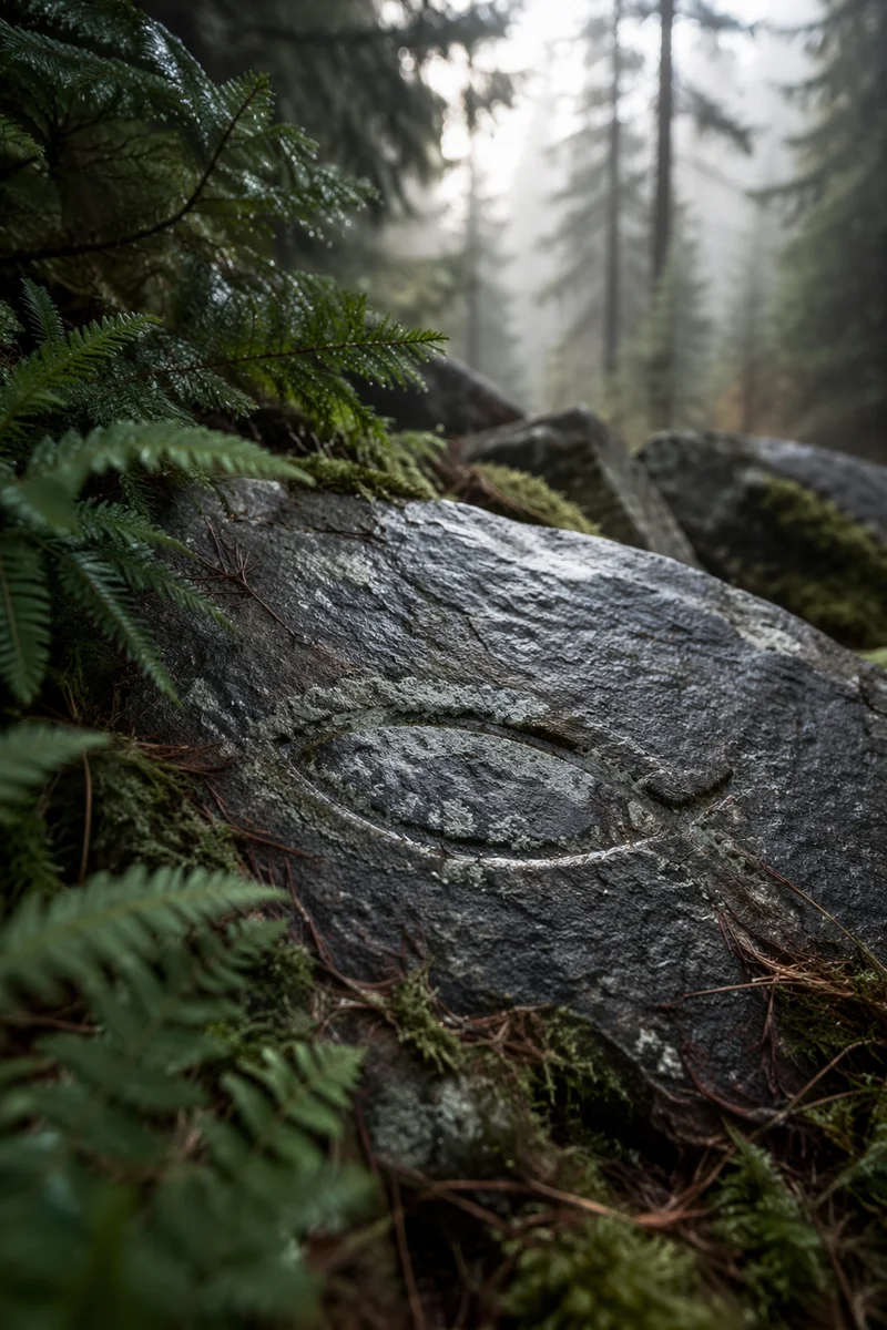 Ichthys Carving on Weathered Forest Stone