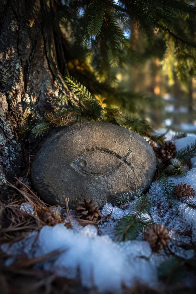 Carved Ichthys Stone Beneath Evergreen Branches