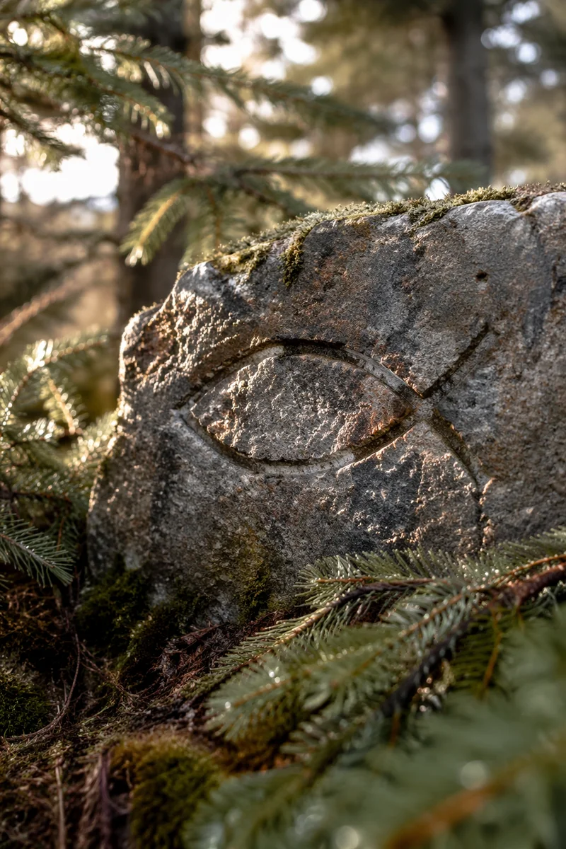 Ancient Ichthys Carving on Evergreen Forest Stone