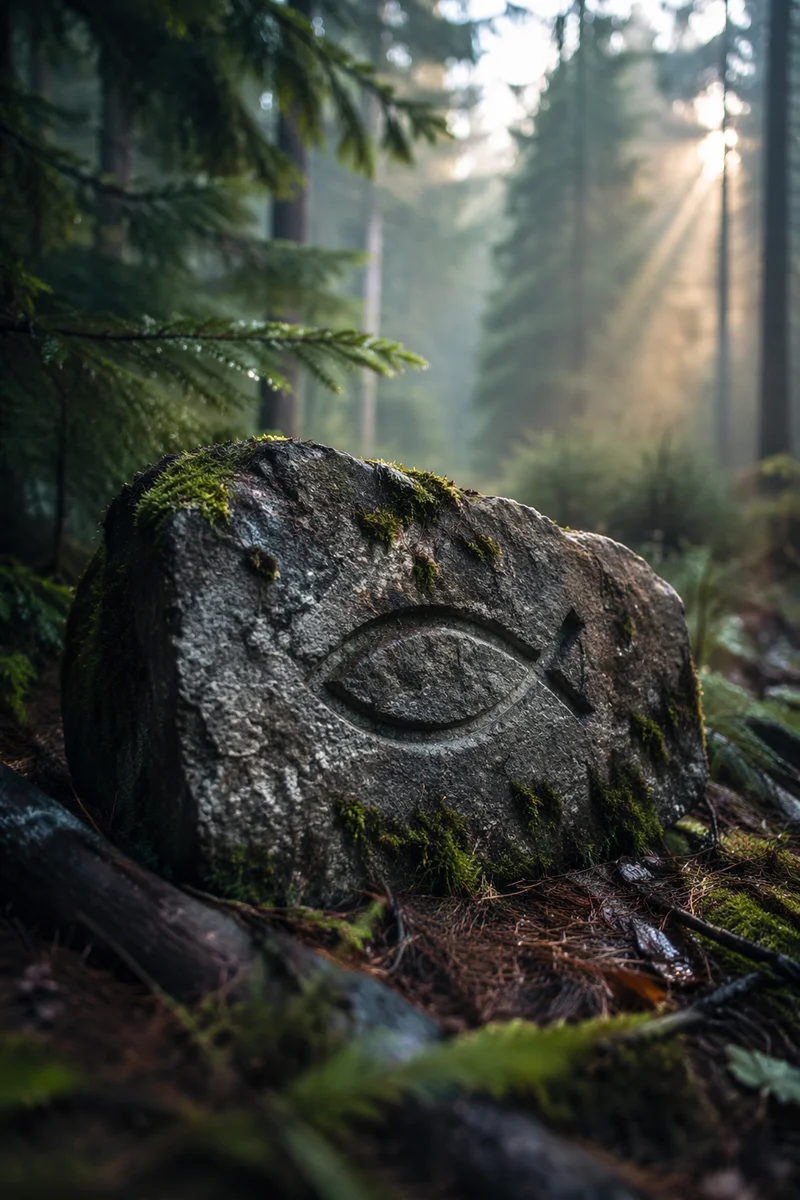 Ancient Ichthys Carving in Evergreen Forest