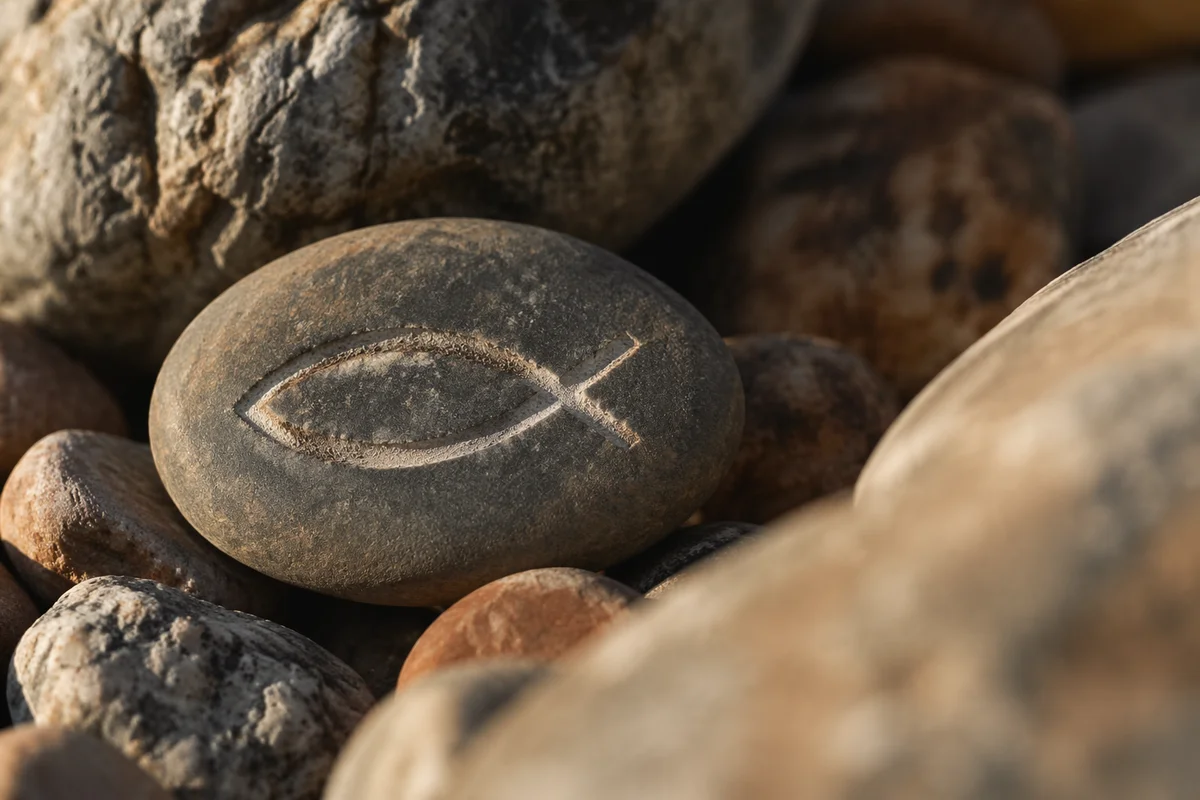 Carved Ichthys Stone in Warm Sunlight