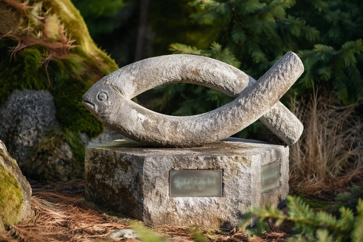 Weathered Ichthys Stone Sculpture in Evergreen Garden