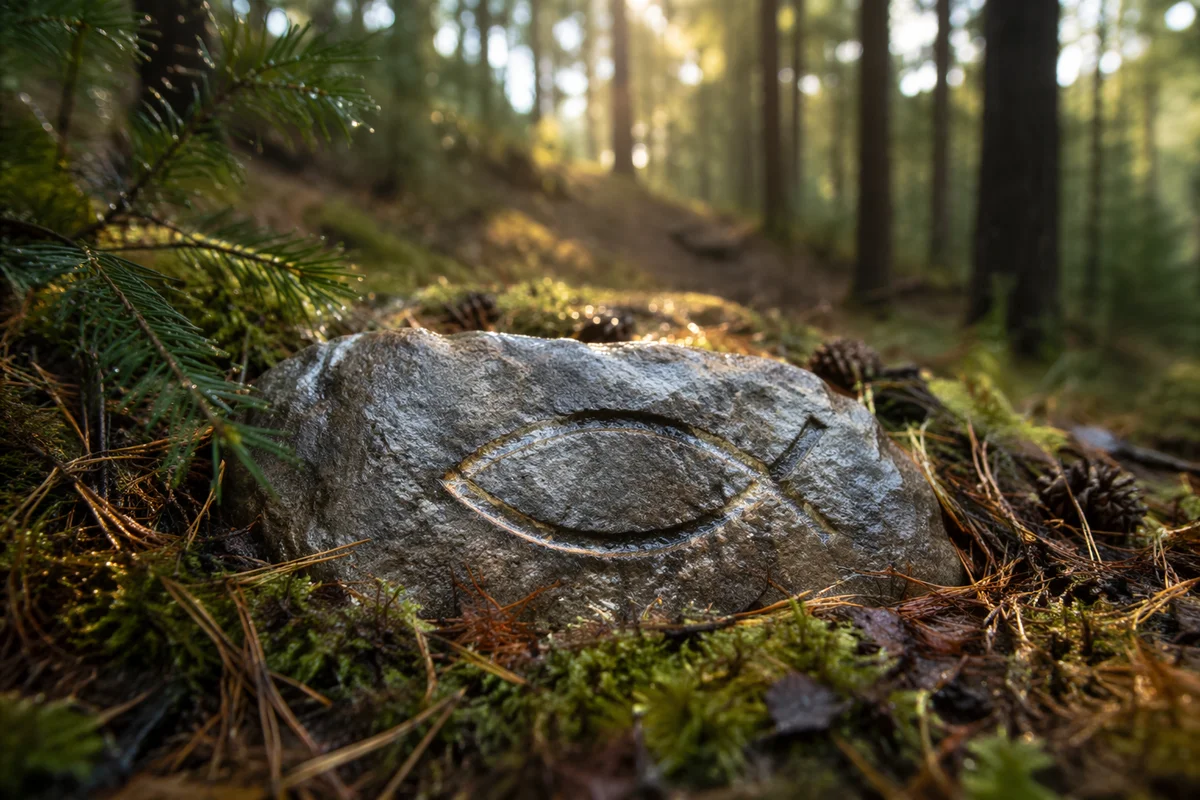 Ichthys Carved Stone in Evergreen Forest