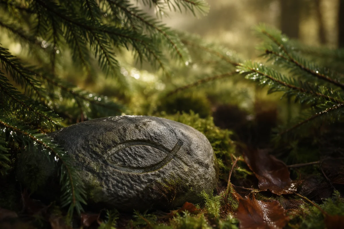 Ancient Ichthys Carving Among Evergreen Needles
