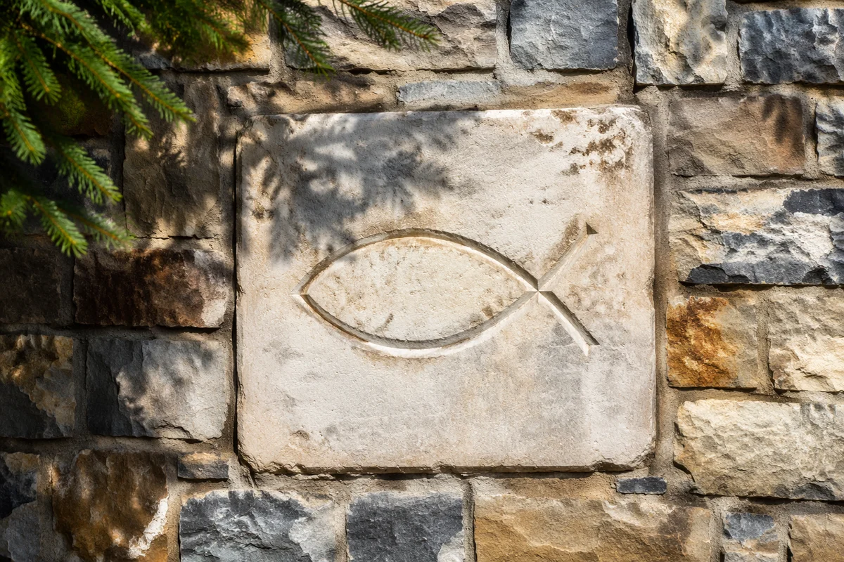 Carved Ichthys Symbol on Weathered Limestone
