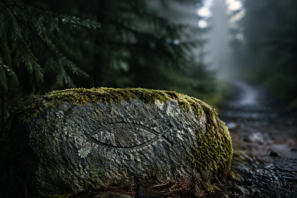 Carved Ichthys Stone on Evergreen Path