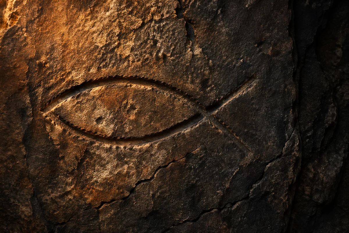 Ancient Ichthys Fish Symbol in Stone