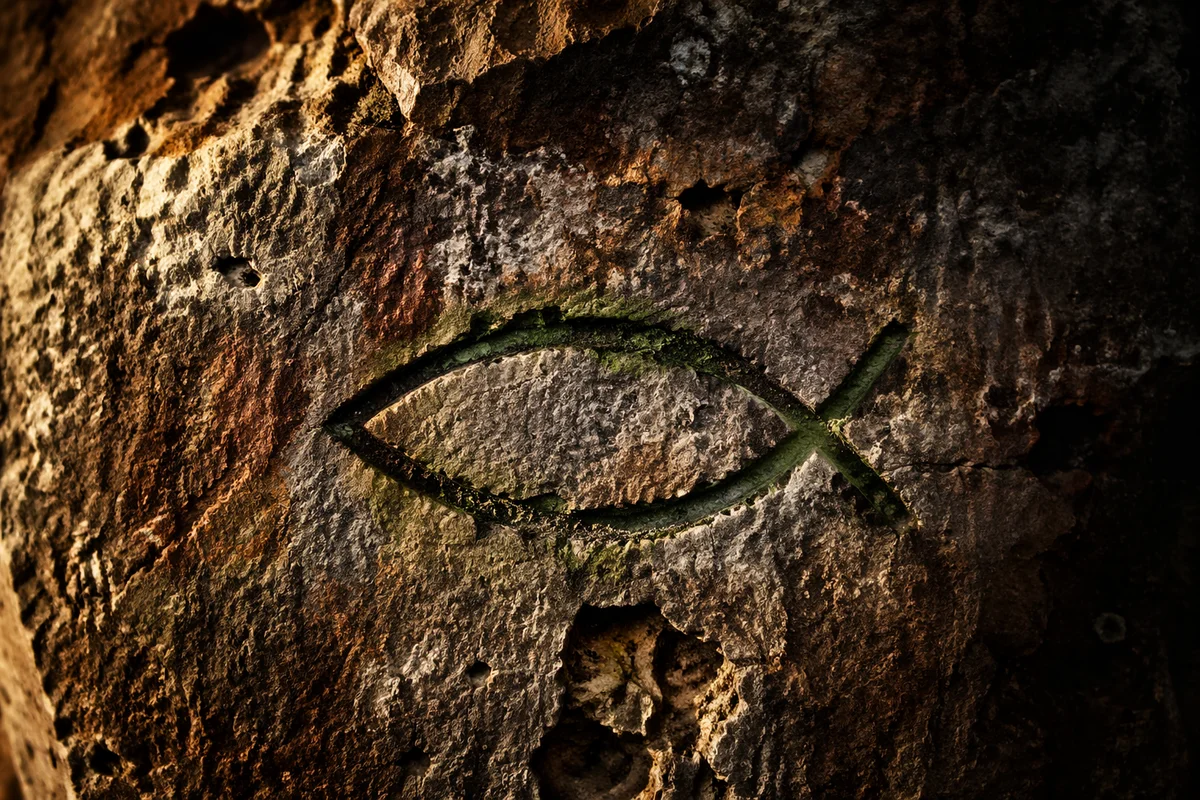 Ancient Ichthys Fish Symbol in Stone