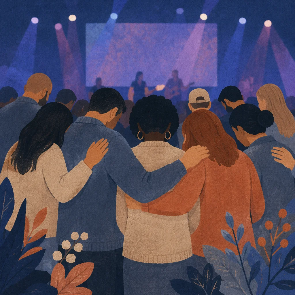 Prayer Circle in Blue Lit Auditorium