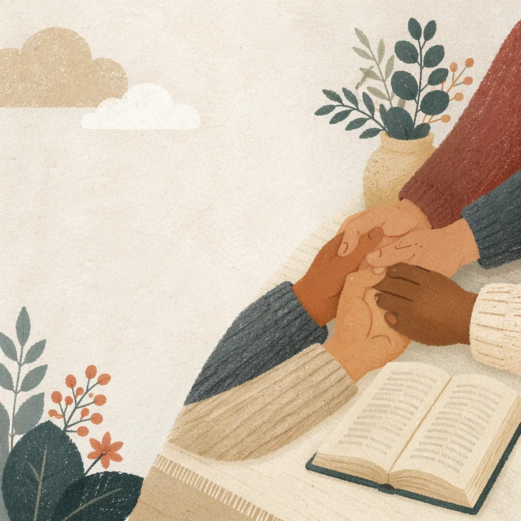 Clasped Hands Beside Open Devotional Book
