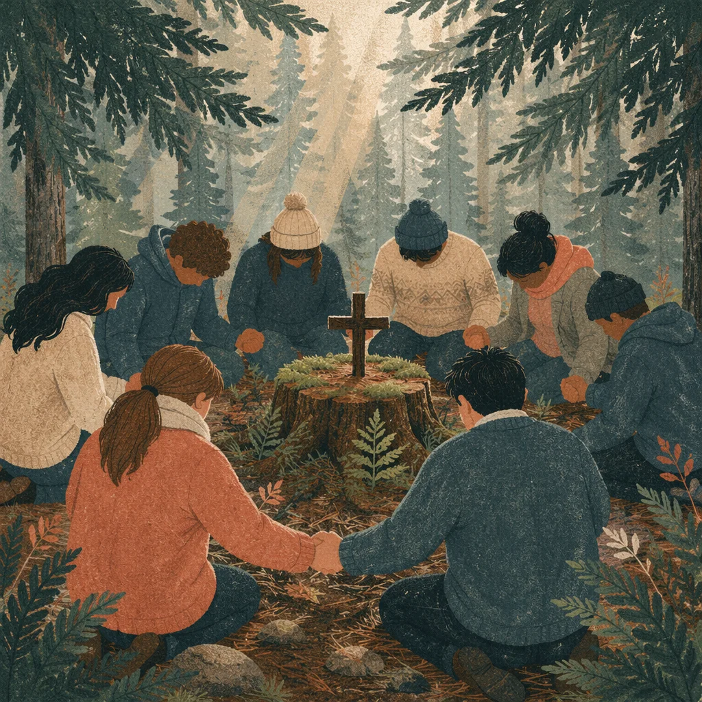 Intercessory Prayer Circle in Evergreen Forest