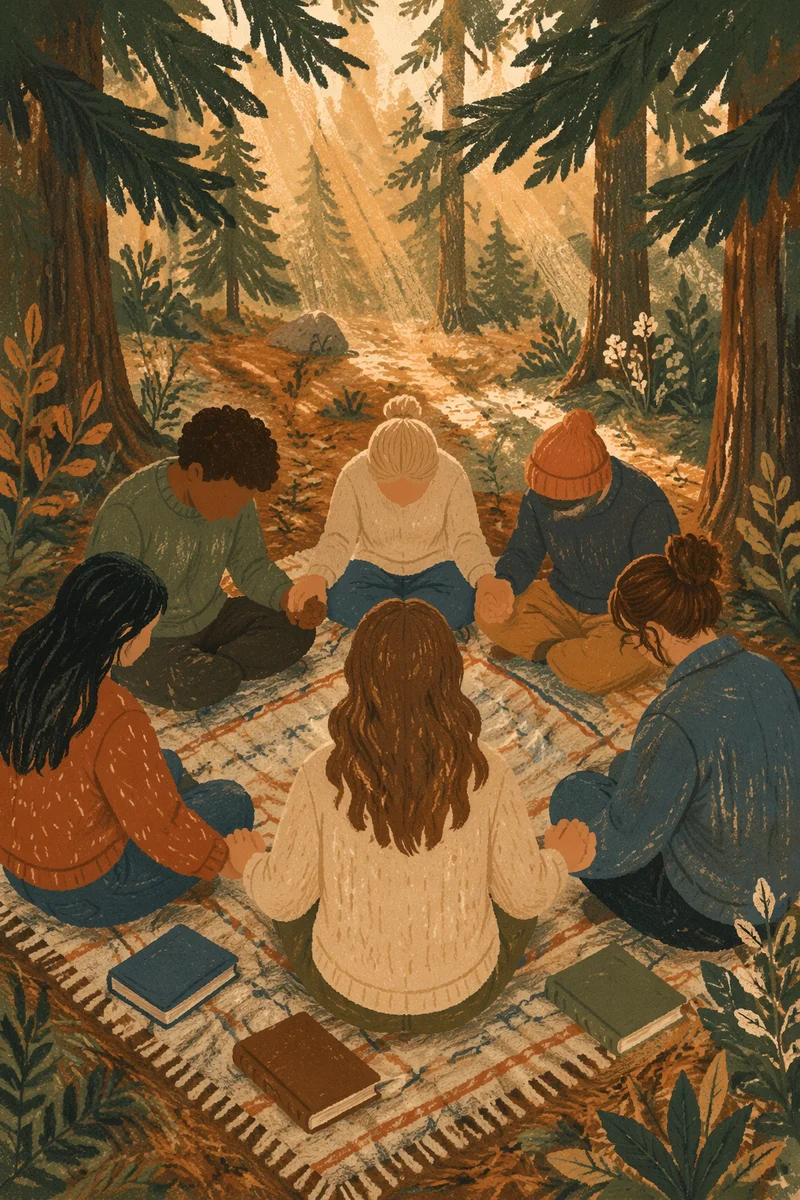 Intercessory Prayer Circle Beneath Evergreen Trees