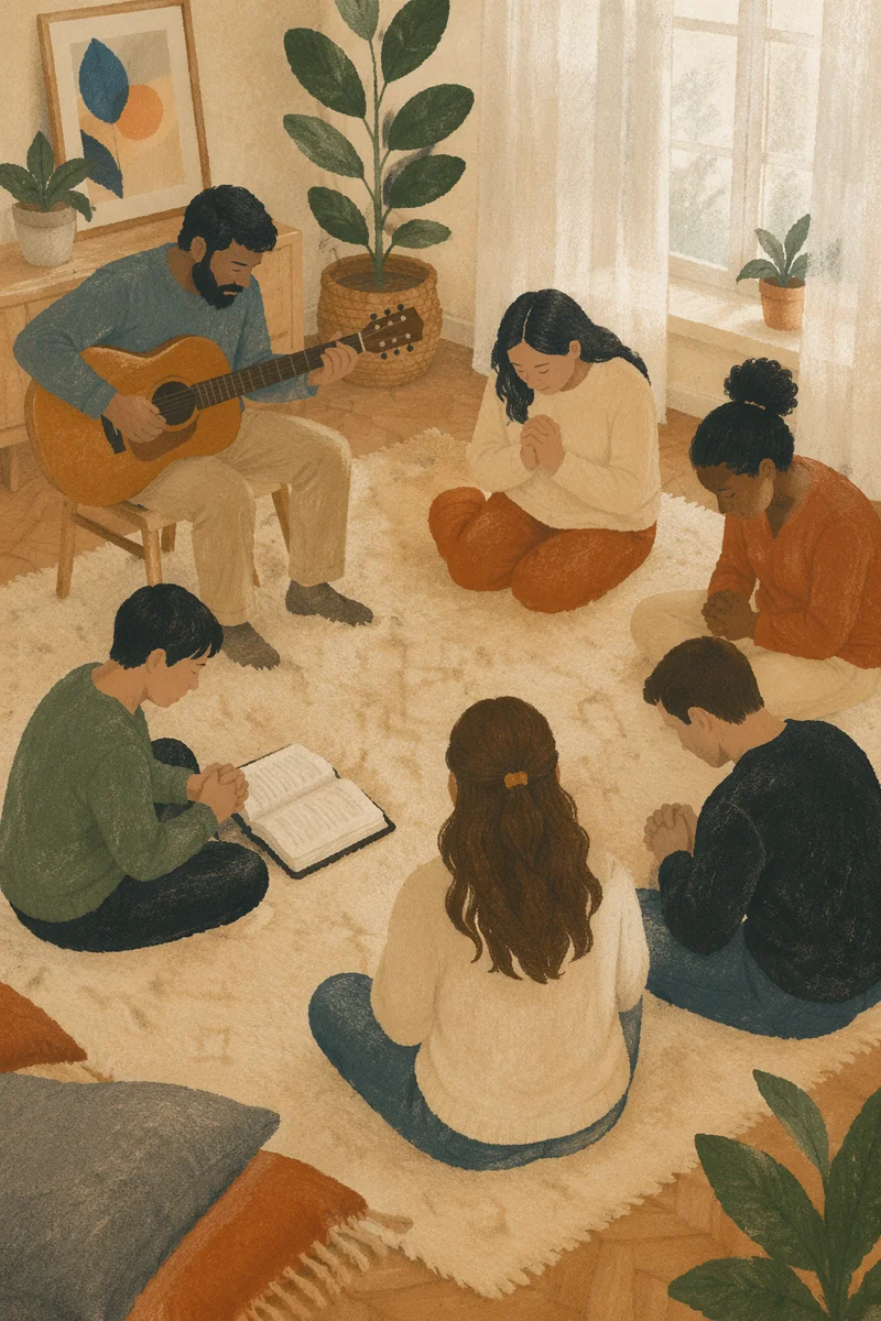 Intercessory Prayer Circle in Cozy Living Room