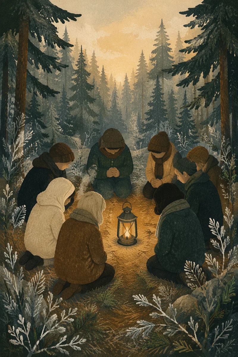 Intercessory Prayer Circle in Evergreen Forest