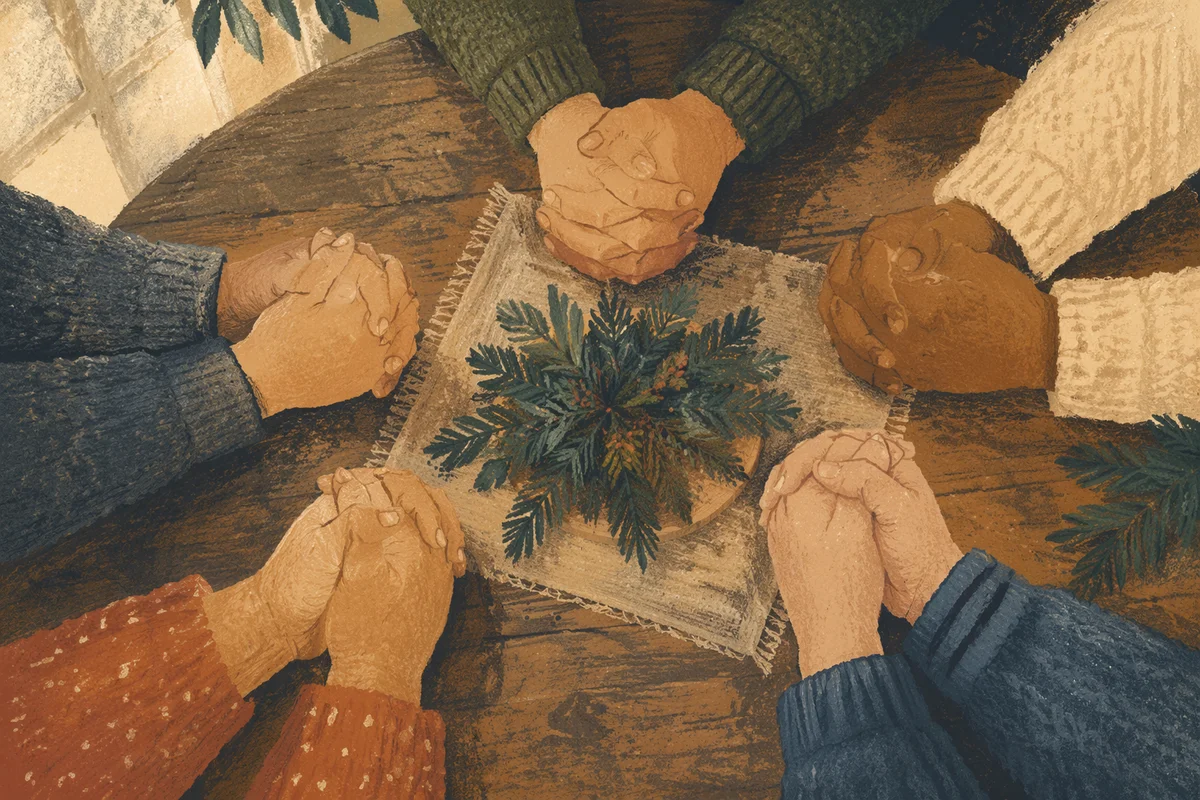Evergreen Intercessory Prayer Circle on Rustic Table