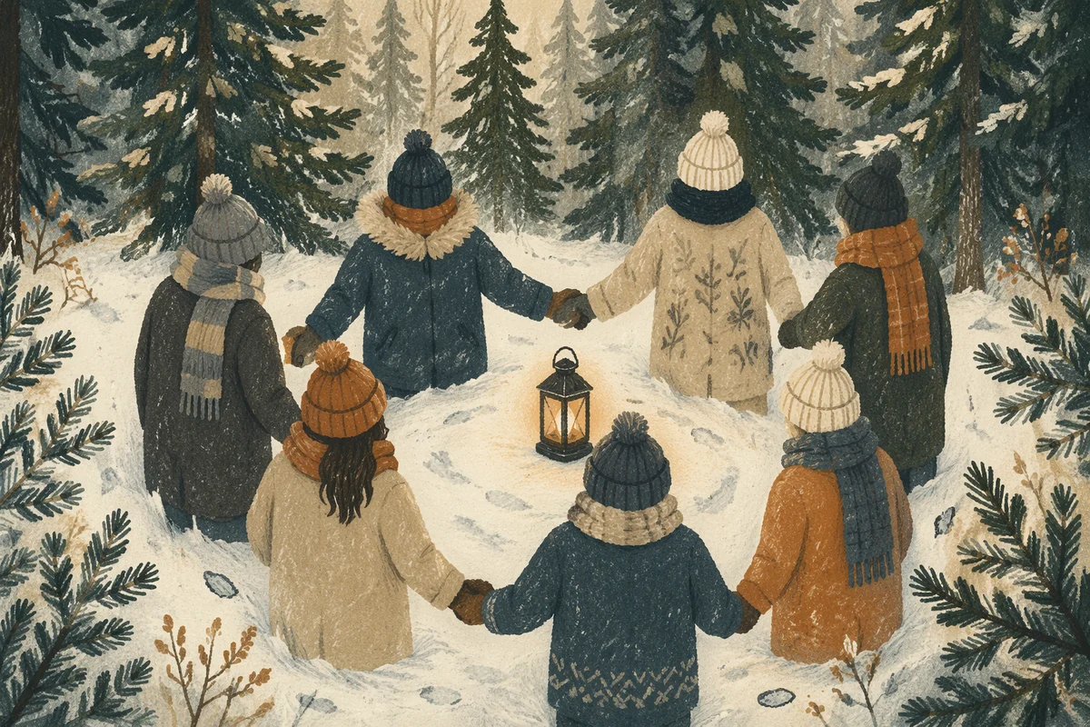 Winter Intercessory Prayer Circle in Evergreen Forest