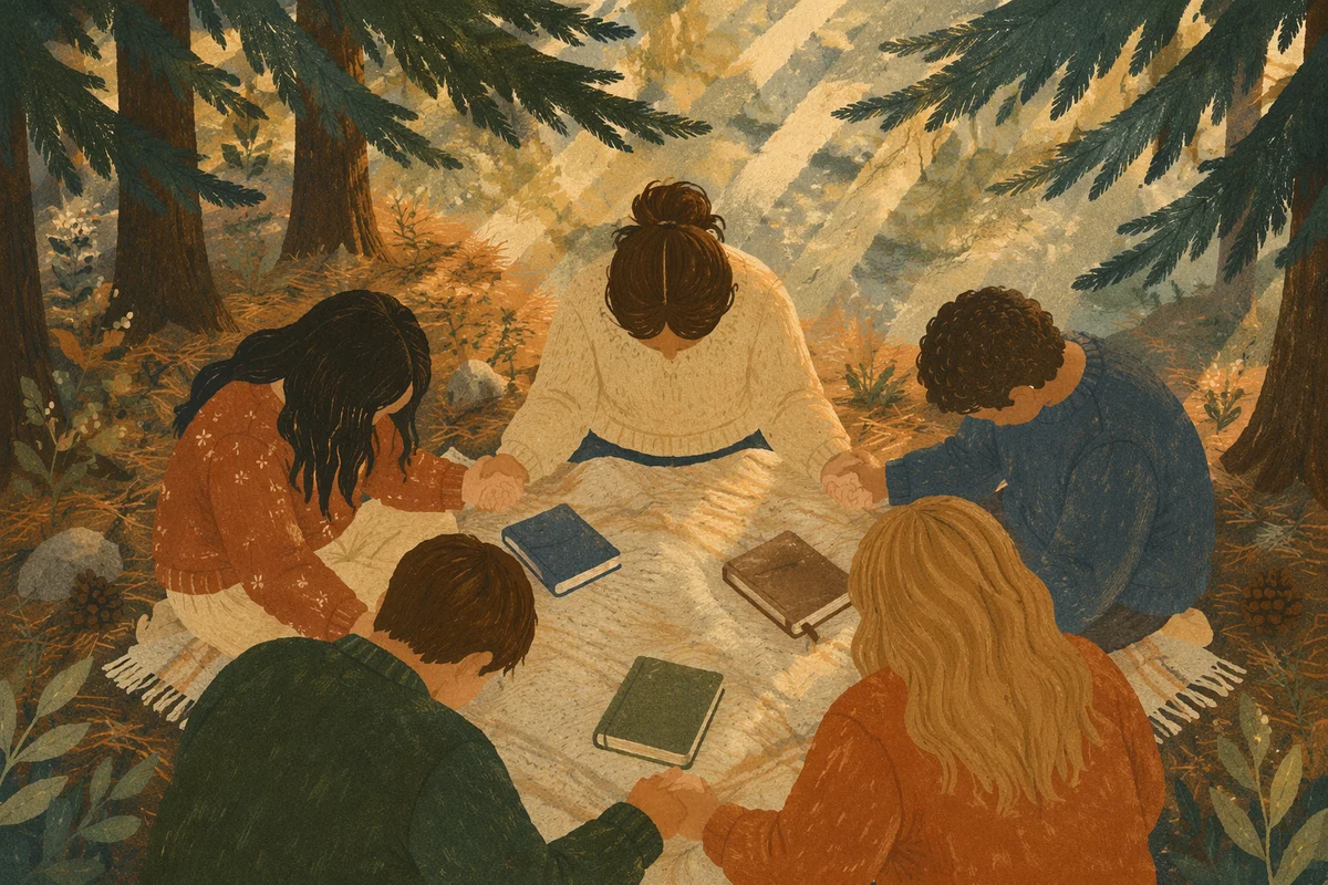 Intercessory Prayer Circle Beneath Evergreens