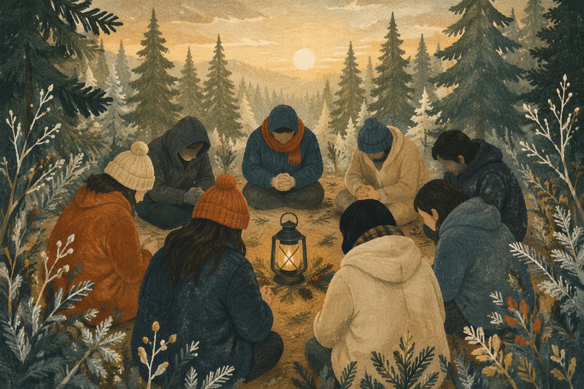 Intercessory Prayer Circle in Evergreen Forest