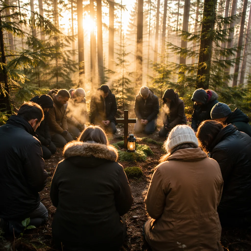 Intercessory Prayer Circle in Evergreen Forest