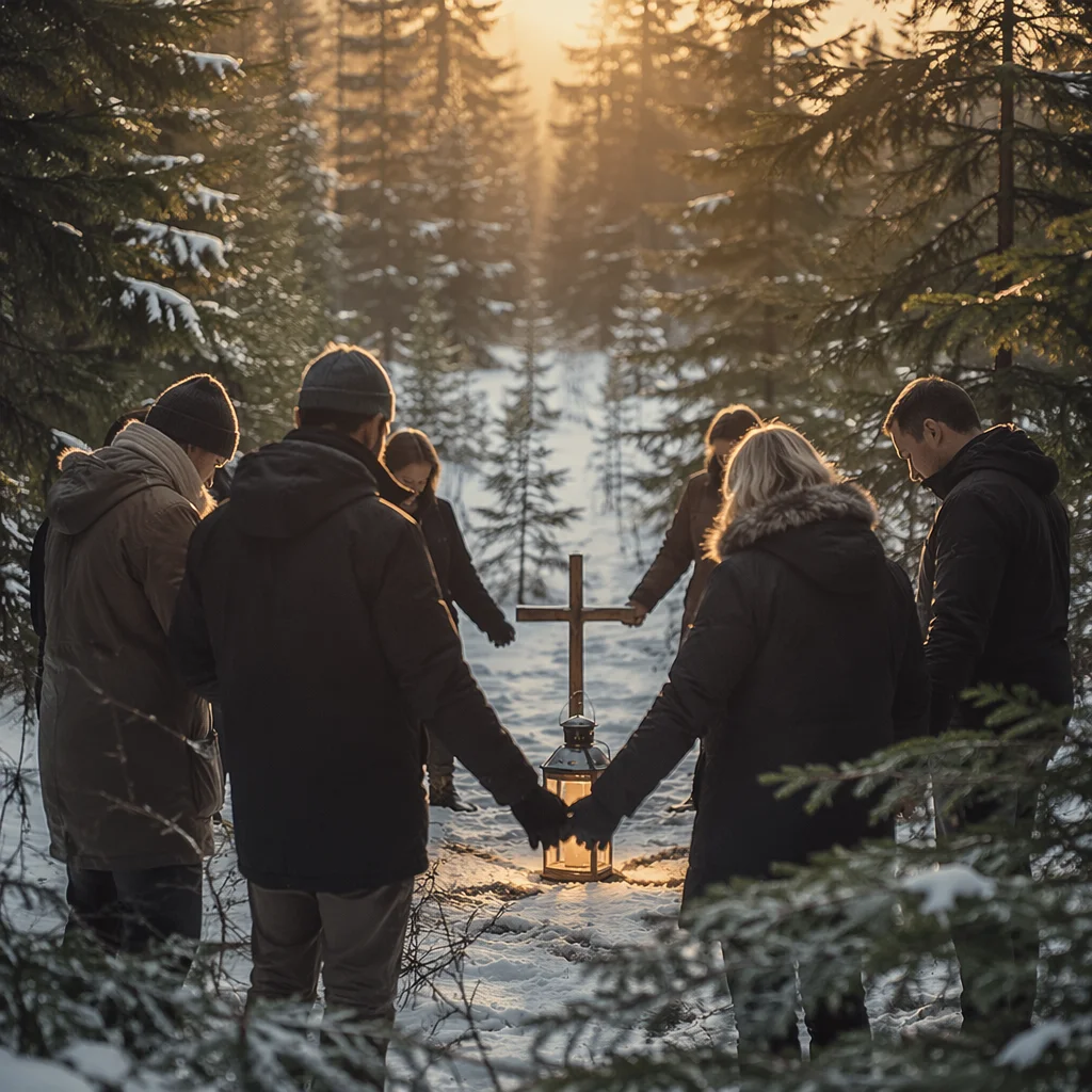 Intercessory Prayer Circle in Snowy Evergreen Forest