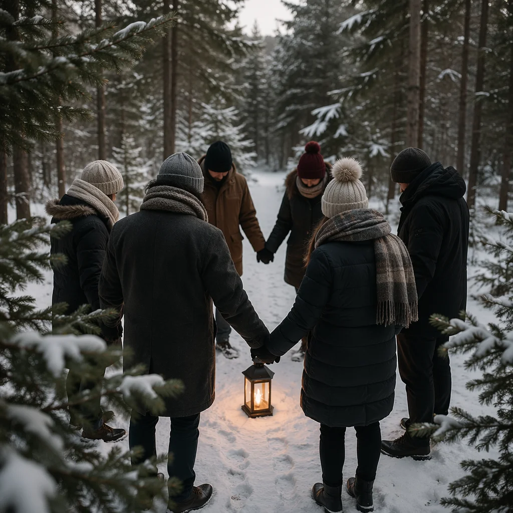 Intercessory Prayer Circle in Evergreen Forest