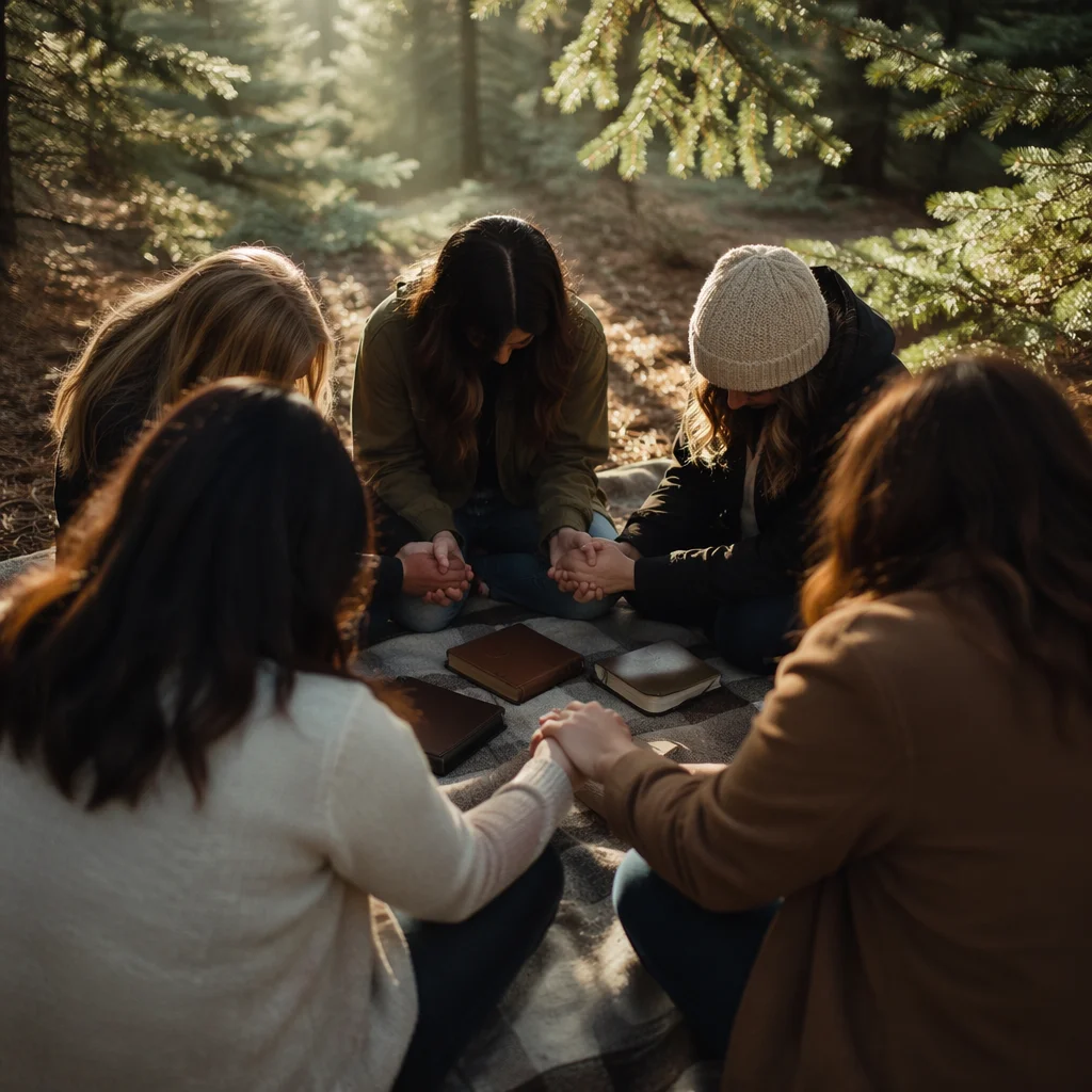 Intercessory Prayer Circle Beneath Evergreen Trees