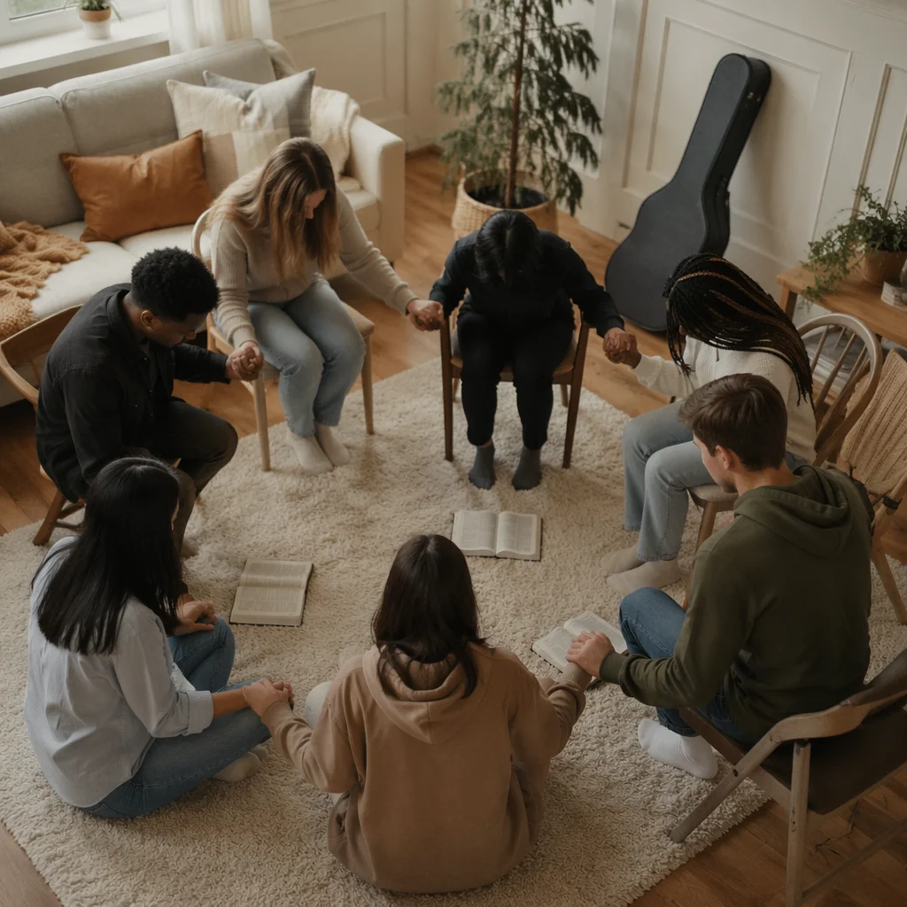 Intercessory Prayer Circle in Cozy Living Room