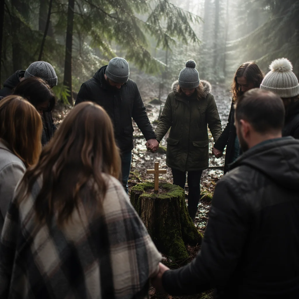 Intercessory Prayer Circle in Evergreen Forest