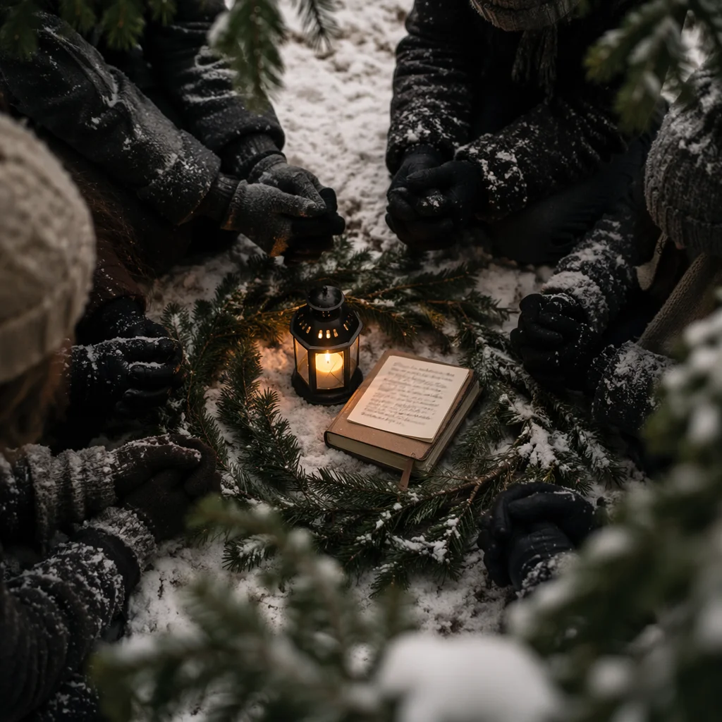 Intercessory Prayer Circle in Snowy Evergreen Grove