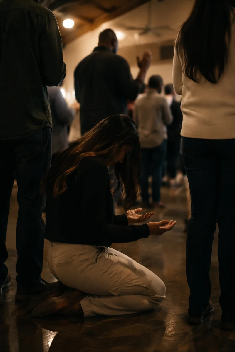Reverent Intercessory Prayer Circle in Community Hall