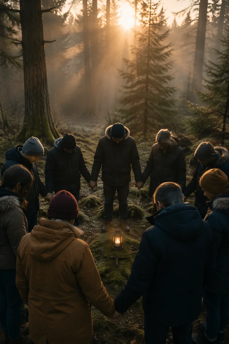 Intercessory Prayer Circle in Evergreen Forest