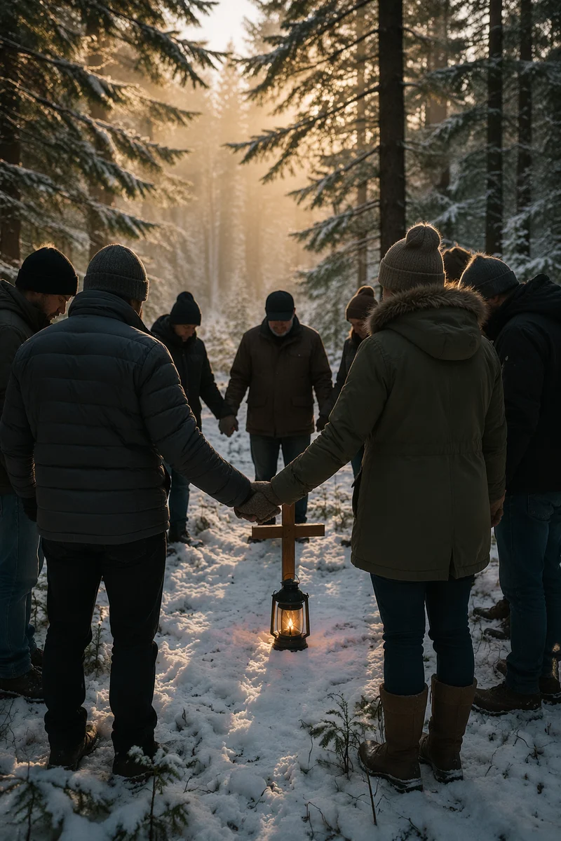 Intercessory Prayer Circle in Snowy Evergreen Forest