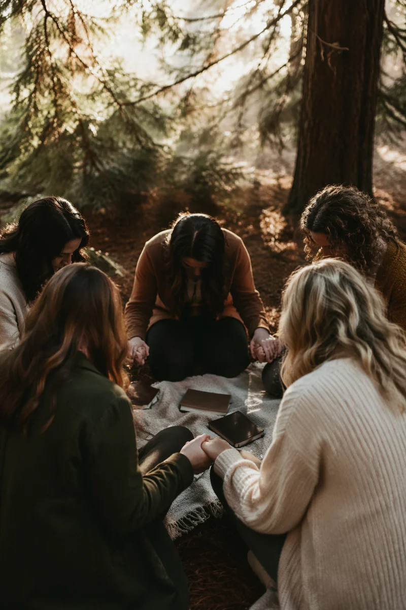 Intercessory Prayer Circle Beneath Evergreen Trees