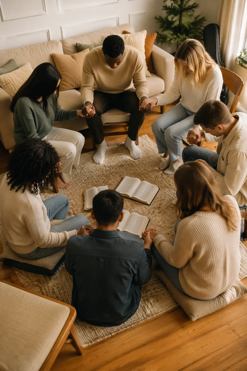 Diverse Intercessory Prayer Circle in Living Room